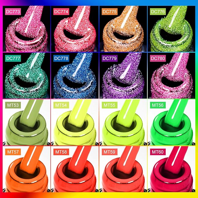 MTSSII Light Green Series Orange Red Pink Gel Nail Polish 18pcs Kit Pink Orange Green Blue Purple Glitter Gel Nail Polish Gel Set Gel Reflection Glitter Polish Kit for DIY Nail Art Women Gifts