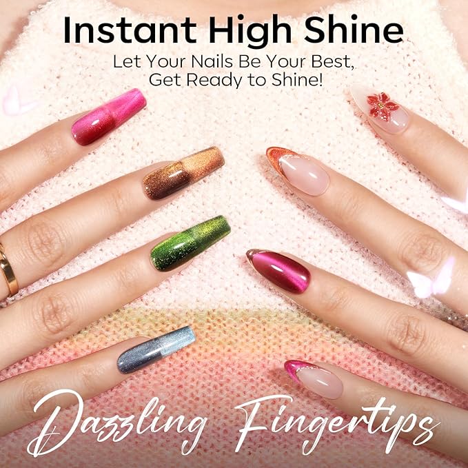 modelones 12Pcs 15ML Cat Eye Gel Nail Polish Set, Same Color Same Bottle Glitter Pink Red Green Purple Blue Cateye Gel Polish Set with Magnet Sparkle Series Hema-free Gel Polish Kit Soak Off Nail Art