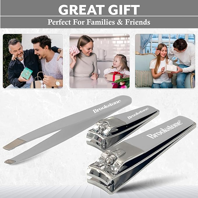 Brookstone Nail Clippers Set - Premium Stainless Steel Nail Clipper and Nail Cutter with Rubberized Non-Slip Grip, Includes Case and Tweezer, Two Nail Clippers for Precision Grooming (Grey)