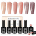 Beetles Rubber Base Color Gel Nail Polish, 6 Colors 5 IN 1 Nude Rubber Base Gel Neutral Sheer Pink Peach Glitter Nail Polish for Thin Nails Soak Off U V LED Lamp Cure Nail Art Design Gifs for Women