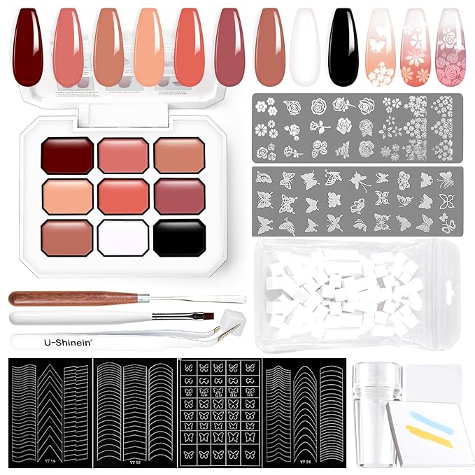 Gradient Gel Nail Set, 9 Nude Pink Color for Ombre White＆Black Nail Polish Platte Kit with 14* Nail Art Tools, Pigmented Pat Painting Gel French Manicure No-wipe DIY Art Home Salon