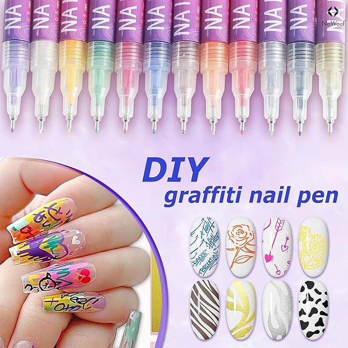 12 Colors Nail Art Pens Set – 0.5mm Fine Tip Nail Art Markers & Quick-Dry Nail Polish Pens for DIY Nail Art, Manicure, Salon Drawing, Dotting & Painting (12 PCS)