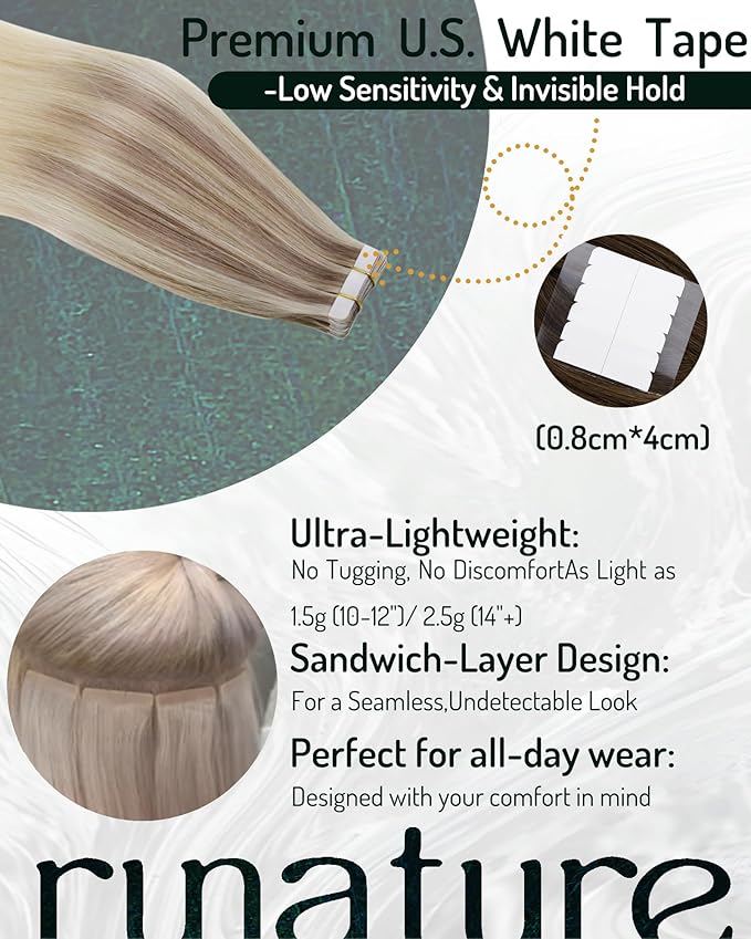RUNATURE Tape in Extensions Human Hair Balayage, Real Human Hair Tape in Extensions, 16 Inch Ombre Blonde Tape in Hair Extensions, Full Head Natural Hair, Ash Blonde Fading to Light Blonde 50g 20pcs
