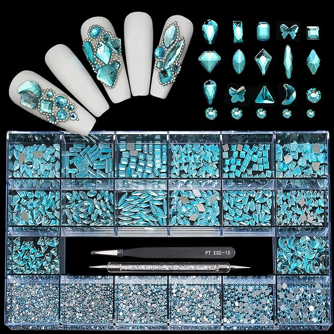 14 Types of 700 Lake Blue Diamonds + 2100 Flat Rhinestones Mix 20 Styles Flatback DIY Crafts Rhinestone Crystals 3D Ornament‌s Flat Back Stones Set + Tweezers + Drill Pen