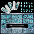 14 Types of 700 Lake Blue Diamonds + 2100 Flat Rhinestones Mix 20 Styles Flatback DIY Crafts Rhinestone Crystals 3D Ornament‌s Flat Back Stones Set + Tweezers + Drill Pen