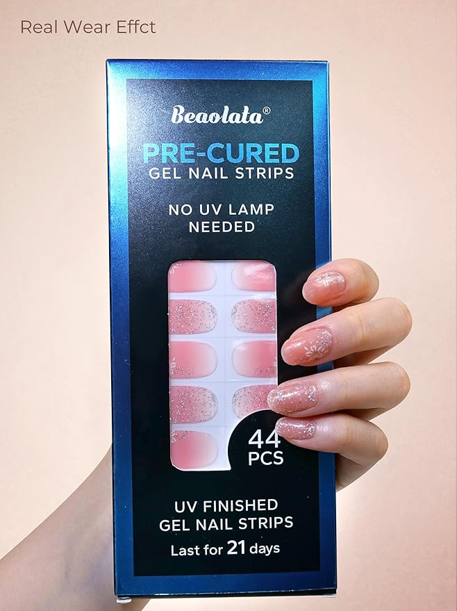 Pre Cured Gel Nail Strips - 44PCS Salon Quality Gel Nail Stickers - Long Lasting Polish Wraps for Women no UV Light Needed Easy Apply & Remove (Sparkle Pink