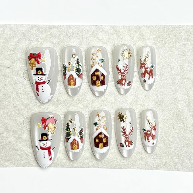 30Pcs Christmas Press on Nails Medium Almond Fake Nails Xmas Snowman False Nails with Gold Designs White Glossy on Nails Elk House Stick on Nail Full Cover Acrylic Nail for Women Manicure