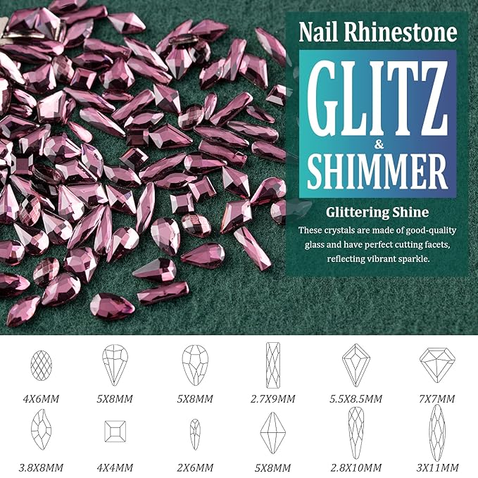 Multi Shapes Light Purple 3D Glass Crystal Nail Art Rhinestones Kit with Flatback Round Bead Charm Gem Stone Jewelry Diamond with Pickup Pen + Tweezer for Manicure Makeup DIY Craft Decoration