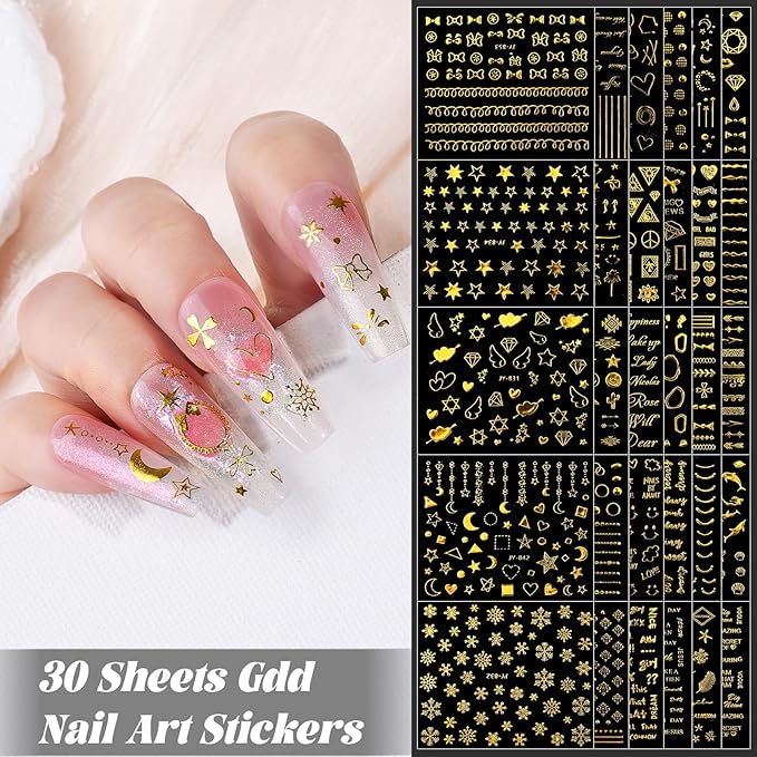 Nail Charms and Gems Set, 6 Boxes Mixed Color Rhinestones Clear Gold Silver Bead Decorations White Beige Pearls for Crafting, 30 Sheets Gold Stickers for Nails with Tweezers for Women Nail Art DIY