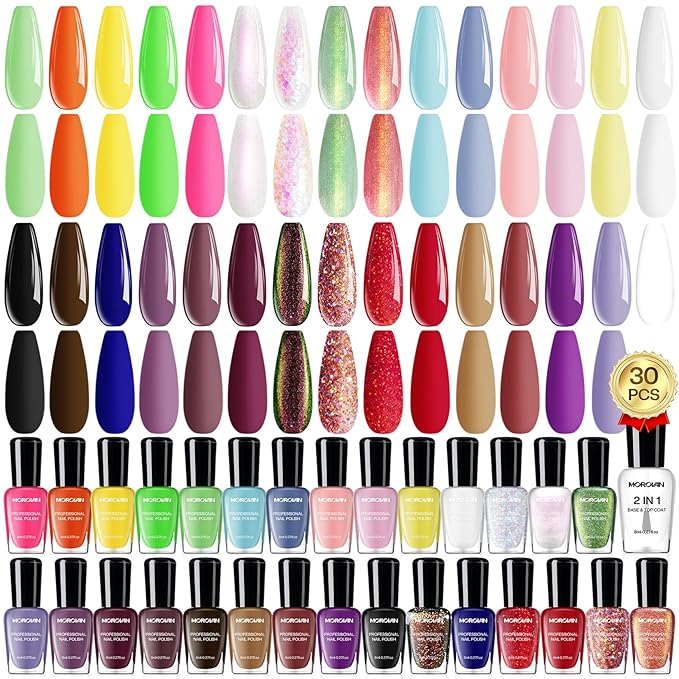 Morovan Nail Polish Set Fingernail: 2026 Nail Gift 30PC Glitter Bright Air Quick Dry Nail Polish Kit with 2-in-1 Base Top Coat Regular Pack Finger Nail Art Gift for Women Girls