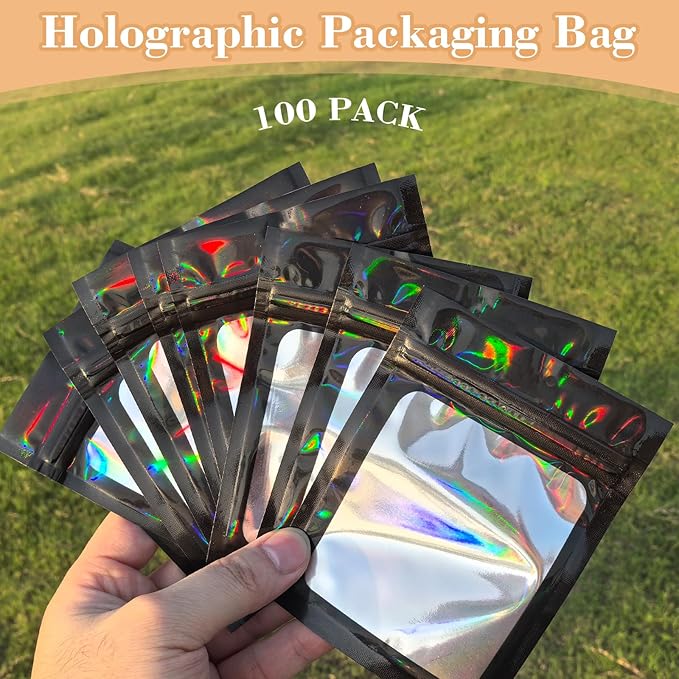 202pcs Press on Nail Packaging Bag, 100pcs Empty Holographic Nail Storage Bag and 100pcs Instruction&Display Black Cardboard with 2 Roll Transparent Tape for Nail Display Profession Salon (Black, 100)