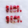 Christmas Press-On Nails, Long Ballerina Shape, Red and White Design with Snowman, Bows and Snowflakes, 10 Pieces (Medium, LS)