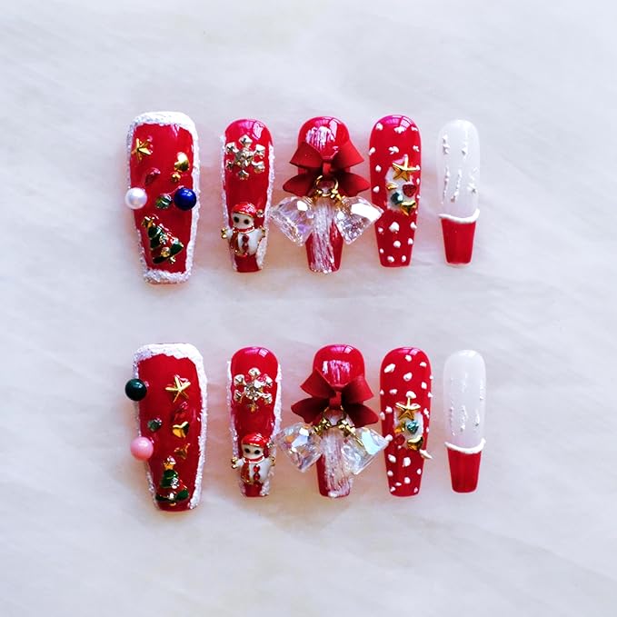 Christmas Press-On Nails, Long Ballerina Shape, Red and White Design with Snowman, Bows and Snowflakes, 10 Pieces (Medium, LS)