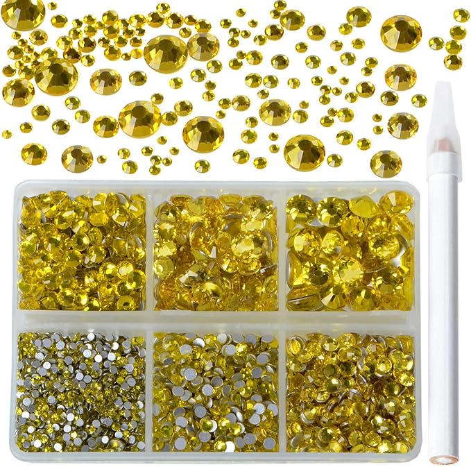Bymitel 5000 Pieces 6 Mixed Sizes Glue Fix on Glass Rhinestones Round Crystal Gems Flatback for DIY Jewelry Making with one Picking Pen (6-Sizes 5000PCS, Citrine)