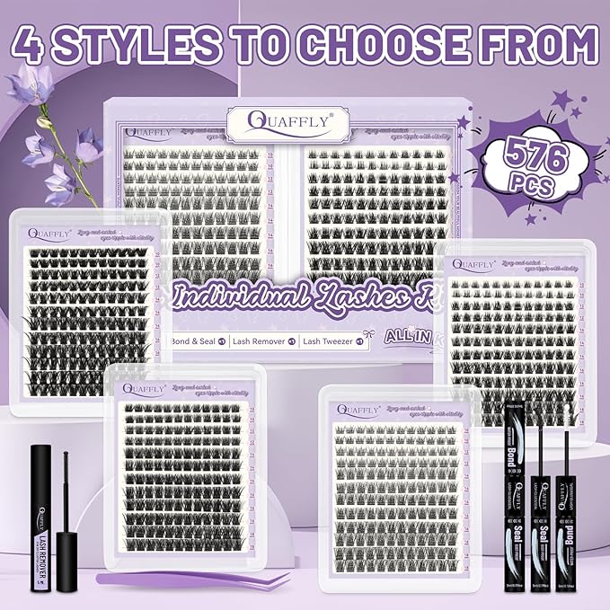 DIY Lash Extension Kit Cluster Lashes Kit with 576Pcs Lash Clusters Lash Bond and Seal Remover Eyelash Applicator Beginner DIY Lashes Kit Easy to Use(4 styles-10-18mm)