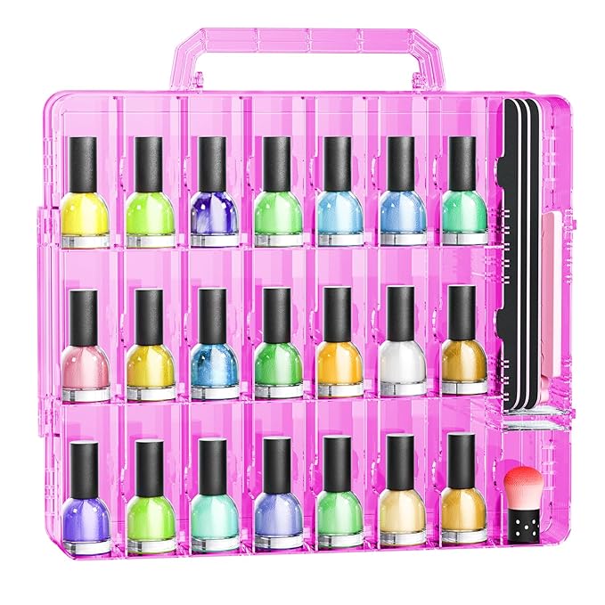 JIASHENG Nail Polish Organizer Case for 48 Bottles, Gel Nail Polish Storage Holder Double Side Adjustable Space Divider for Acrylic Nail Gel Dip Powder Tips Set with Two Toe Separator, Pink