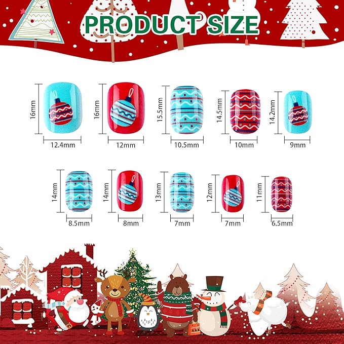 JANYUN Christmas Kids False Nails, 96 Pcs Stick On Nails Kids Full Cover Xmas Short False Nails Lovely Gift for Little Girls Nail Art Decoration (Christmas Theme)