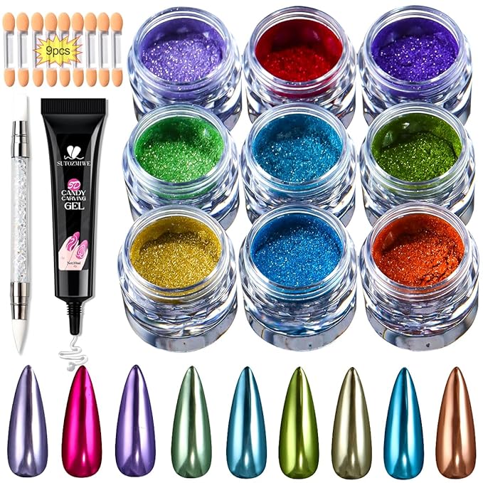 9 Jars Chrome Nail Powder for Gel Nails, Metallic Mirror Effect Pigment Nail Chrome Powder Kit with 10ml 3D Sculpting Gel for Home DIY Salon Use