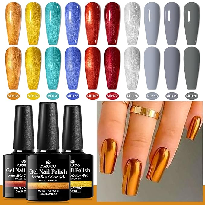 12PCS Metallic Gel Nail Polish Set Orange Blue Red Nail Polish Kit Metallic Effect Gel Gray Nude Gel Polish Set Manicure Kit 10 Colors 8ml