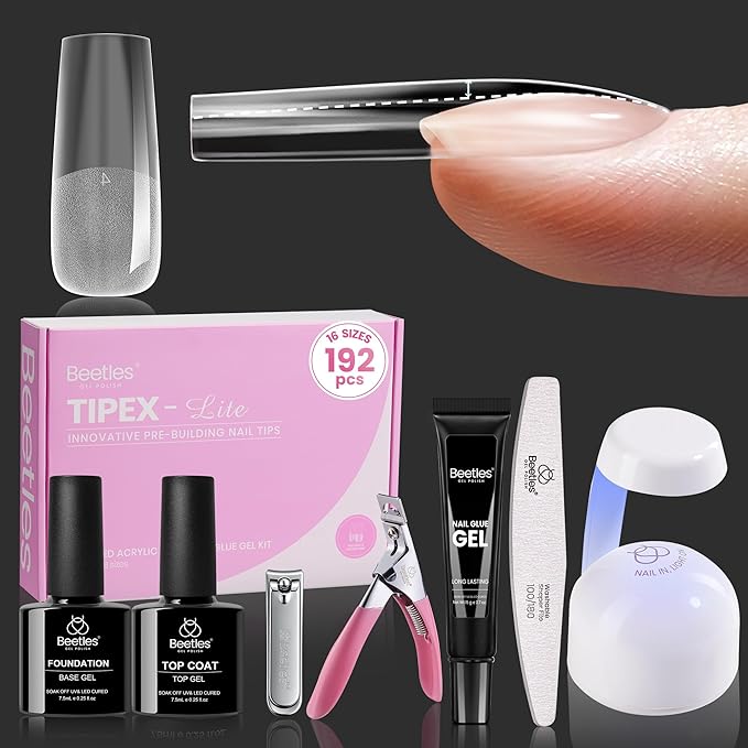 Beetles Tipex Lite Apex Nail Tips Kit,Square Long,192pcs 16 Sizes,with UV Nail Glue, Base & Top Coat, Mini Nail Lamp, Nail Clipper & Cuticle Nipper,Pre-Building Pre-Etched Acrylic Tips Kit