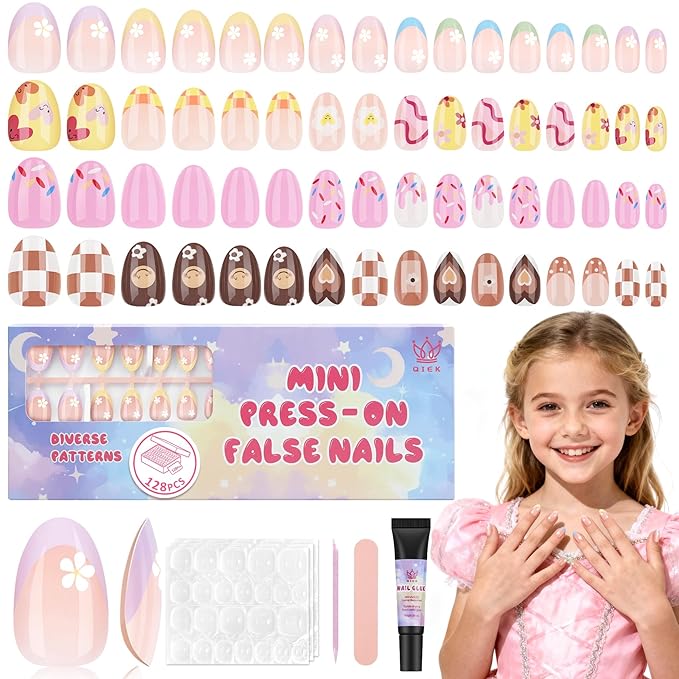 16 Sizes 128 Pieces Press on Nails for Kids, 4 pack Kids Nail Kit Colorful Flower Almond Fake Nail Tips for Girls 8-12 Years Old with Jelly Nail Adhesives & Nail Glue Birthday Easter Gifts