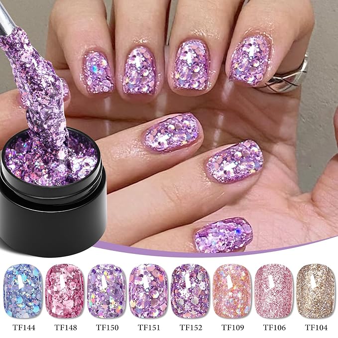 MEET ACROSS 9Pcs Glitter Gel Polish Sequins Gel Nail Polish Kit with 1Pc Nail Brush Shimmer Pink Blue Purple Brown Glitter Nail Polish Kit Holiday Gift Design for Party 8 Colors