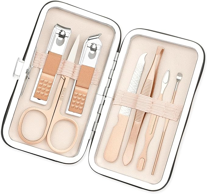 Easter Basket Stuffers Nail Clippers Manicure Set Nail Tools Pedicure Supplies Fingernail Toenail Clippers 8 in 1 Pednicure Tools Rose Gold with Leather Travel Case