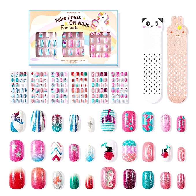 Modelones Press on Nails for Kids 144Pcs 6 Pack Children Acrylic Fake Nails Pre-glue Full Cover Glitter Color Mermaid Beach Short False Nail Art Kits Sets Thanksgiving Christmas Gifts for Girls