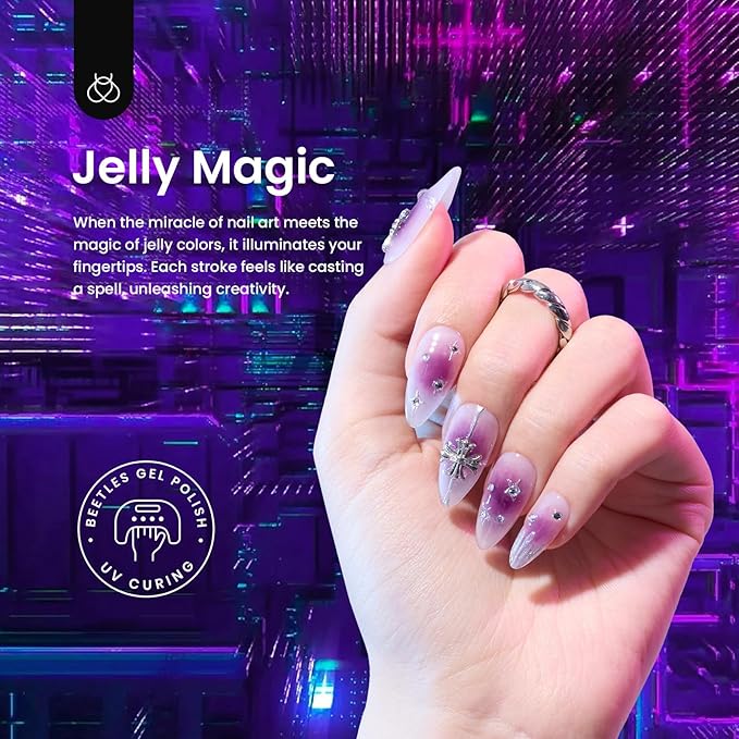 Beetles Jelly Gel Nail Polish Set - Jelly Magic Gel Polish, 6 Colors Jelly Gel Polish Kit Pink Red Black Blue Green Purple Sheer Translucent Effect Soak Off UV Manicure DIY Gift for Women