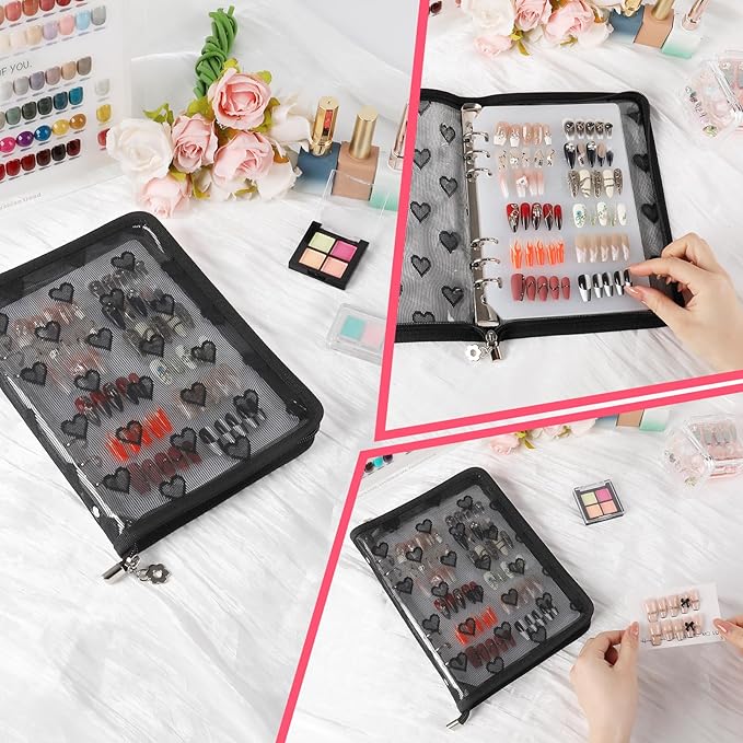 Press On Nail Storage Organizer Binder with 8 Insert Pages - A5 Size & Double Sized Tapes, Press on Nails Display Storage Book, Reusable Fake Nail Swatch Collecting Book (Black)