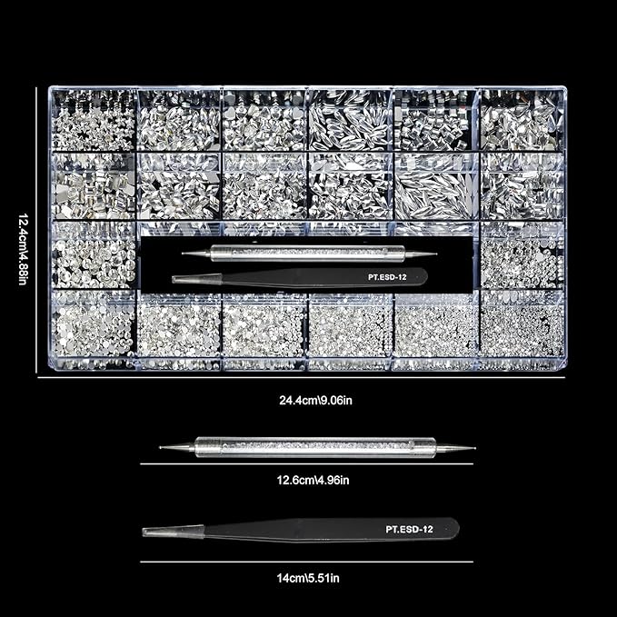 12 Types of 600 White Diamonds + 2500 Flat Rhinestones Mix 20 Styles Flatback DIY Crafts Rhinestone Crystals 3D Ornament‌s Flat Back Stones Set + Tweezers + Drill Pen