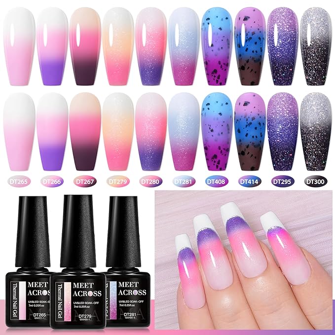 MEET ACROSS 12PCS Thermal Nail Gel Polish Kit, Temperature Shiny Color Changing Gel Polish Set, Soak Off UV Sequins Mood Changing Gel Polish Nail Art DIY Salon Manicure Gifts