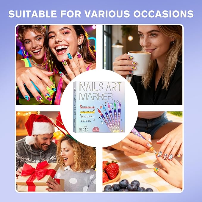 12 Colors Nail Art Pens Set, Nail Art Markers for Gel Nails, 2026 DIY Nail-Art Marker Drawing Painting Liner Pen, 0.5 MM Nail Polish Pens Set, Nails Doodle Pens,Quickly Dry Nail-Art DIY Decoration