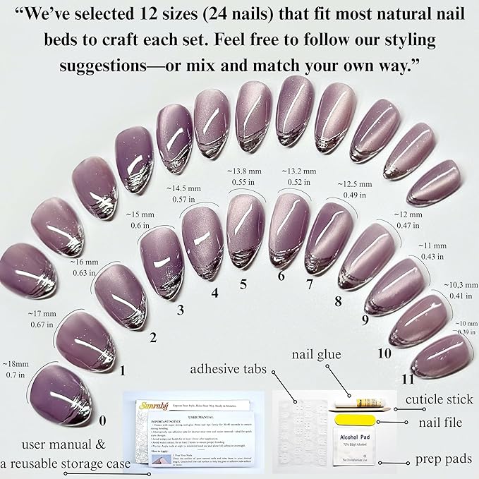 Press On Nails Short Almond Cat Eye Purple Light with Silver Glitter French Tip| Reusable Soft Gel Nails in 12 Sizes 24 Nail Kit with Glue|Designed in L.A, Handmade in Vietnam|Velvet Twilight