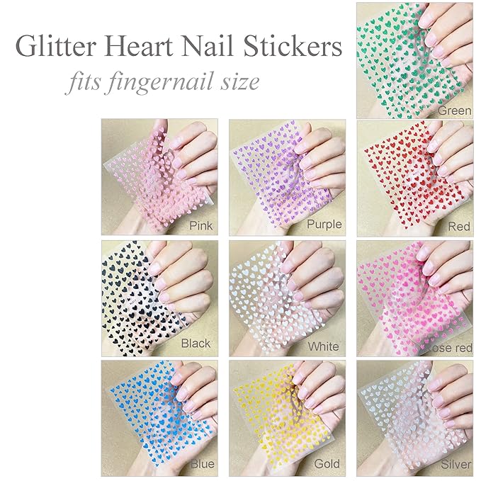 10 Sheets Glitter Heart Nail Stickers for Women Girls Kids Nail Decoration 3D Self Adhesive Shinning Nail Decals for Fingernails and Acrylic Nails Design (Glitter Heart)