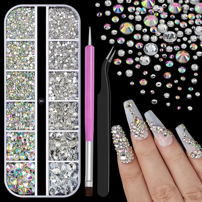 2500Pcs Clear AB Rhinestones for Bedazzling Kit, 1.5/2/2.5/3/4.5/6mm Mix Sizes Bedazzling Resin Gems Flatback Crystal Rhinestones with Pickup Tools for Manicure Crafts DIY (5-K1-glass-rhinestones)