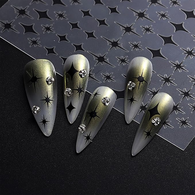 12 Sheets Star Nail Art Stickers Decals Gold Silvery Nail Stickers Star Design 3D Self-Adhesive Nail Decals Black White Manicure Supplies for Holiday Nail Art Decorations