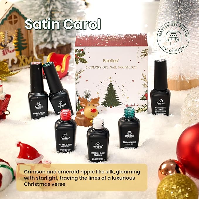 beetles Gel Polish Set - Stain Carol Collection, Sparkling Red Green White Glitter Nail Kit, Soak Off UV LED Gel Polish Gift for Women with Nail Strengthener Gel