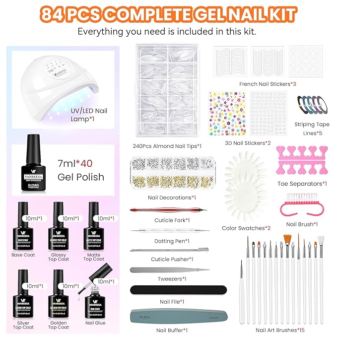 VANREESA 84 Pcs Gel Nail Polish Kit with U V Light and Almond Nail Tips -40 All Seasons Colors Gel Polish Set with 5 Pcs Base Top Coat Gel Nail Kit for Beginners with Everything Gifts for Women