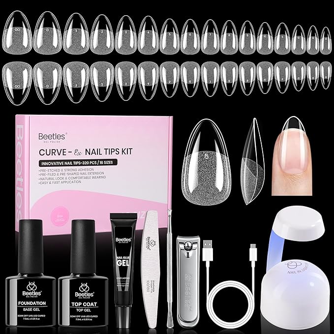 Beetles Gel Nail Kit Curve-EX, Almond Short, 320pcs 16 Sizes Nail tips, with 15g Nail Glue Gel Hands-Free, 7.5ml Base Gel & Top Coat, Mini Lamp, for Acrylic Press On Nail, Extension DIY Set at Home