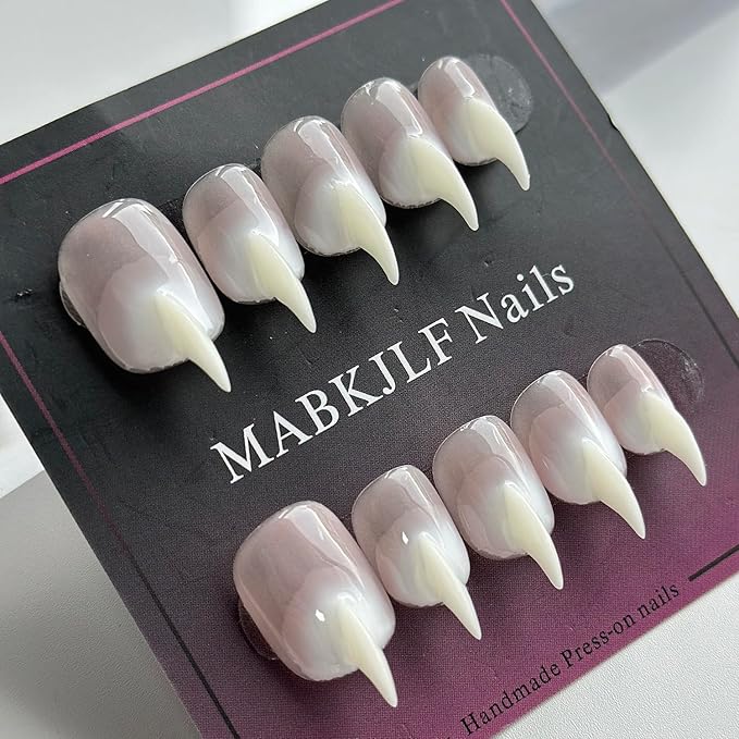 Halloween Press on Nails Luxury Short Stiletto Handmade Cat Claw Unique Reusable ABS Material White Fake Nails Eagle Claw False Nails Glossy Glue on Nail Curved Thick Acrylic Nail(S)