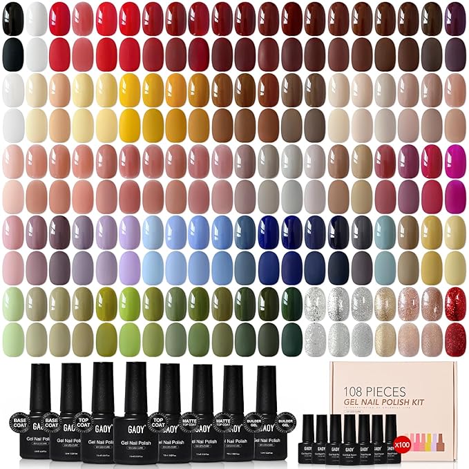 GAOY 108 Pcs Gel Nail Polish Set, 100 Colors All Season Gel Polish Kit Red Nude Black Green Glitter with 8 Pcs Soak off Base Glossy Matte Top Coat & Builder for Nail Art DIY Manicure at Home
