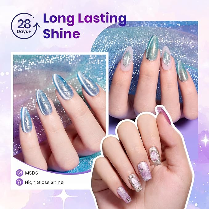 Beetles Stardust Whisper Cat Eye Gel Nail Polish Set - 6 Colors Spring Gel Polish Kit Glitter Cat Eye Pink Blue Purple Red Green Velvet Gel Magnet Soak Off UV French Nail Art Manicure Gift for Women