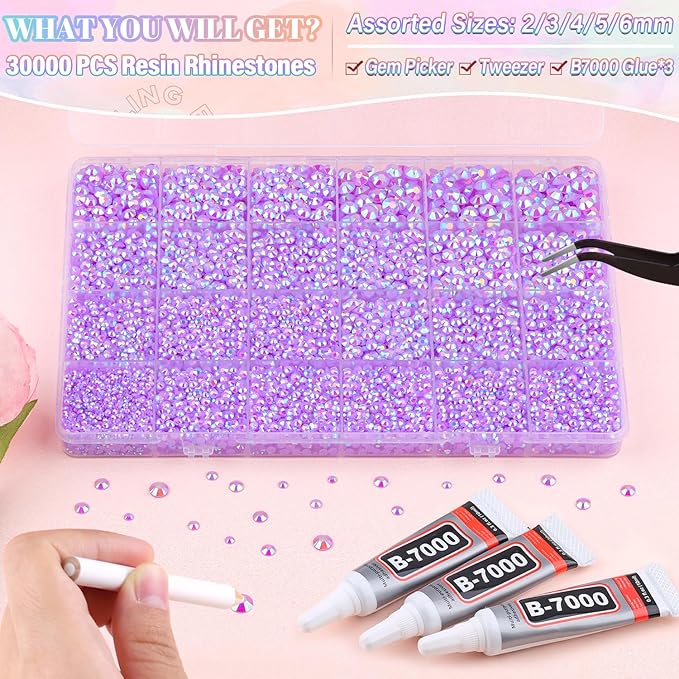 30000Pcs Resin Lavender Purple AB Rhinestones for Bedazzling Crafting with b7000 Jewelry Glue, Bulk Flatback Gems Bedazzler Kit for Crafts Clothes Fabric Nail Diamond Art, Assorted Size 2/3/4/5/6mm