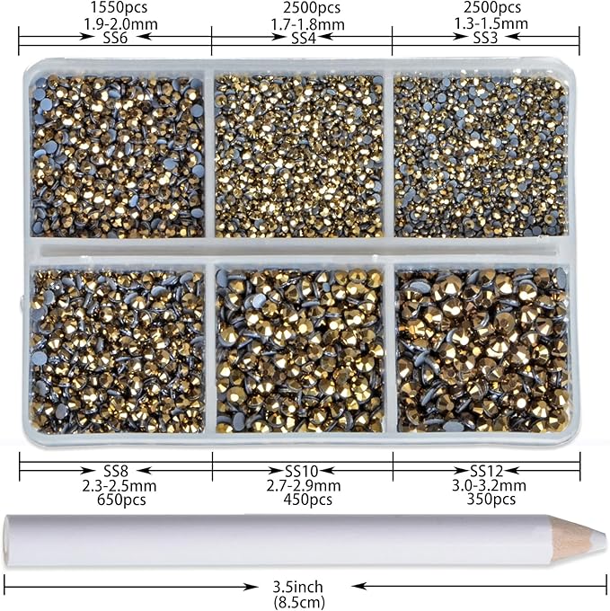 NCB Hotfix Iron on 8000pcs Crystal Rhinestones Round Gem for Crafts Decoration DIY Jewelry Making with a Picking Pen (Aurum, 6Sizes SS3-SS12)