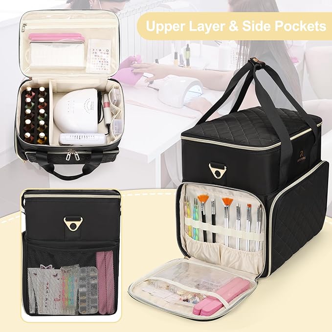 Relavel Nail Polish Organizer, Double Layer Nail Bag Holds 80-100 Bottles (15ml/0.5fl.oz) & Nail Lamp Nail Kit Storage Case, Extra Large Travel Nail Supplies Shoulder Bag for Manicure Tools (Black)