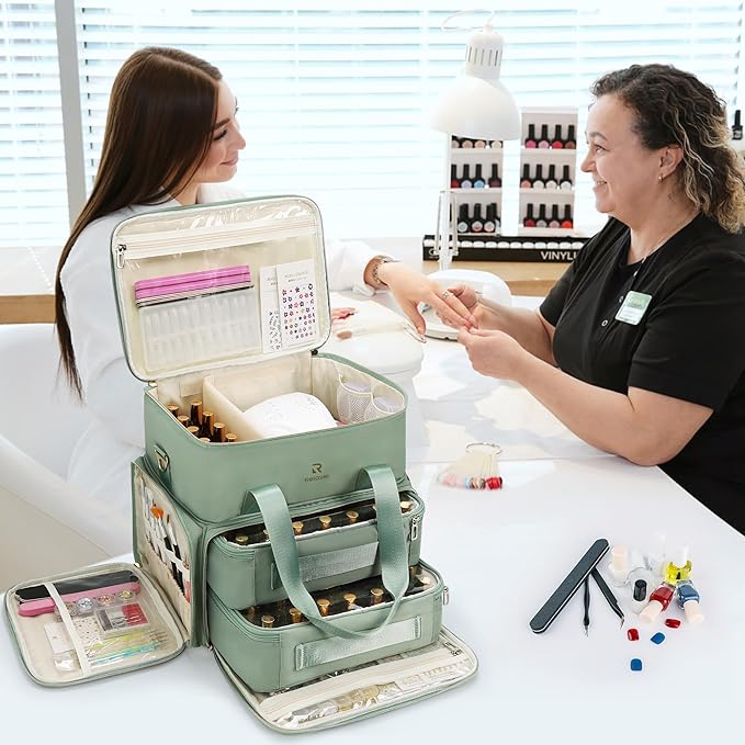 Relavel Nail Polish Organizer, Double Layer Nail Bag Holds 80-100 Bottles (15ml/0.5fl.oz) & Nail Lamp Nail Kit Storage Case, Extra Large Travel Nail Supplies Shoulder Bag for Manicure Tools (Green)