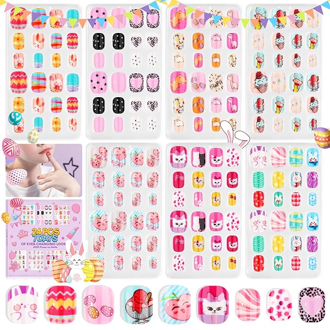 SAVILAND Press on Nails for Kids 7-day Styling: 168PCS Kids Press on Nails for Girls Colorful Patterns Full Cover Short Square Fake Nails False Nail Art Set Christmas Easter Gifts 8-12 Years Child