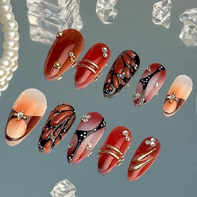 Almond Press on Nails Long Fake Nails Red Acrylic Nail Press ons SEENEEY Black Butterfly Designs Gold Charm Rhinestones Stick on Nail for Women 24pcs