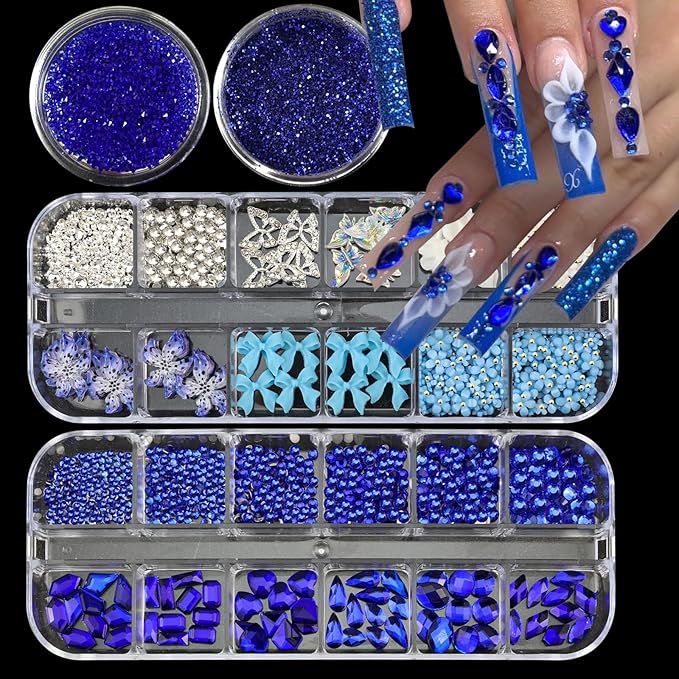 4 Boxes Blue Nail Gems Bow Flower Nail Charms for Acrylics - Irregular Crystals, Nails Rhinestone & Accessories for Women Nails Art Design Nails Decor(Blue)